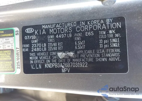 2011 Kia Sportage Lx z USA, uszkodzony, nr VIN KNDPB3A26B7031922